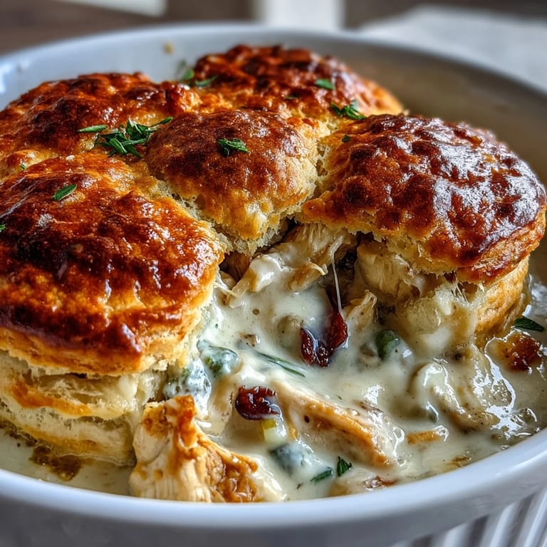 Classic American comfort food: rich chicken and vegetable filling topped with golden, buttery biscuit crust.