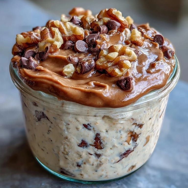 High-protein overnight oats swirled with rich almond butter, crunchy walnuts, and sweet chocolate chips for a cookie dough-inspired morning treat.