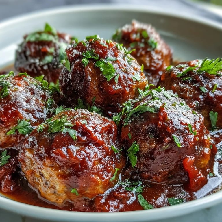 Tender beef meatballs slow-cooked in savory tomato sauce, ideal for feeding a crowd at casual gatherings.  