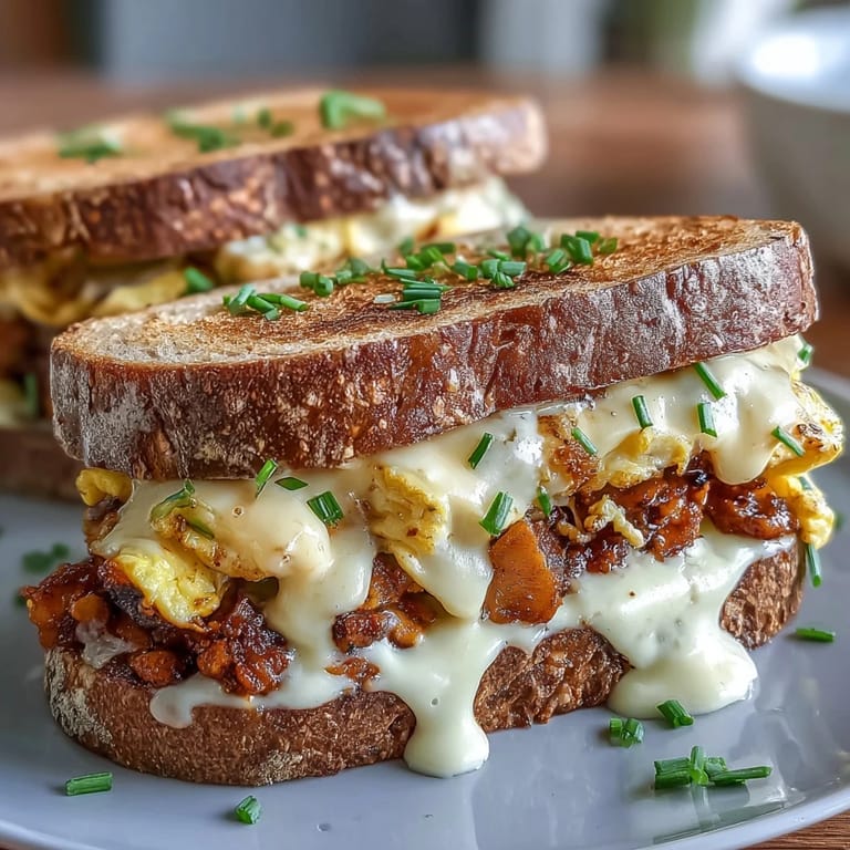 High-protein breakfast sandwiches with creamy eggs and melty cheese, ideal for busy mornings or on-the-go meals.