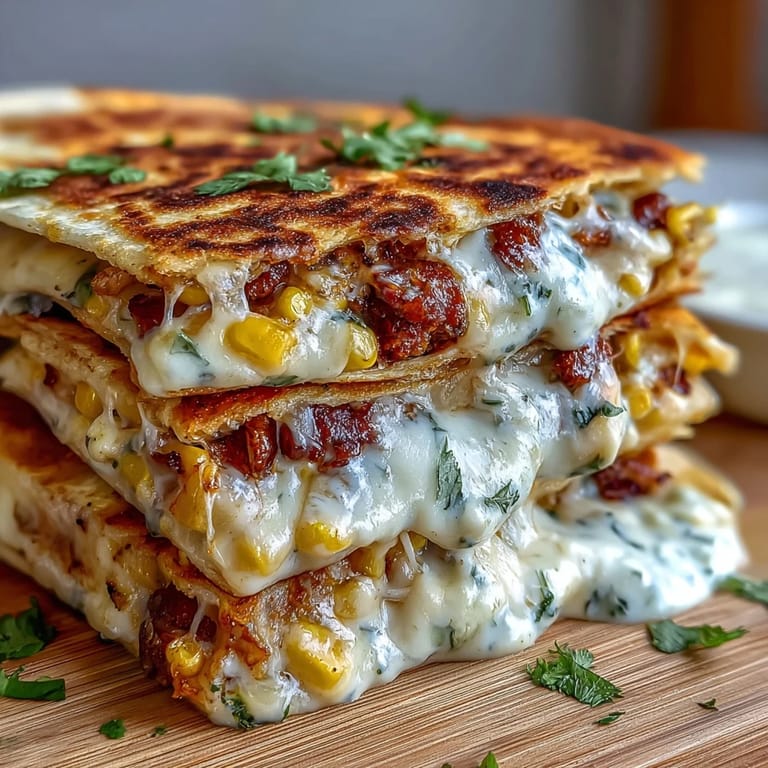Roasted corn and jalapeño quesadillas topped with chipotle crema, Cotija cheese, and fresh cilantro.