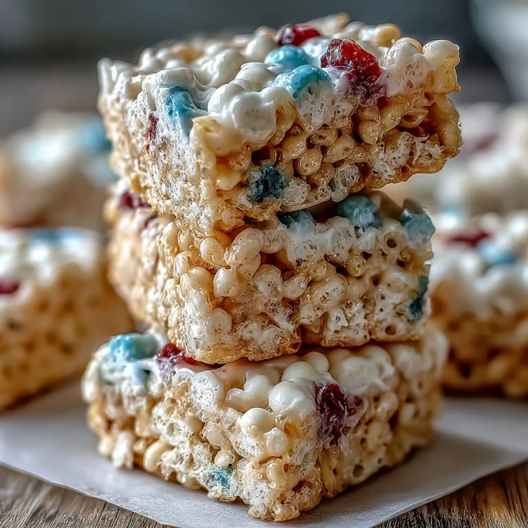 Chewy patriotic Rice Krispies squares with bold colors, perfect for your Independence Day celebration.
