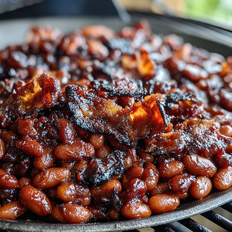 Tender navy beans baked with crispy bacon, molasses, and brown sugar for a sweet and smoky side dish.