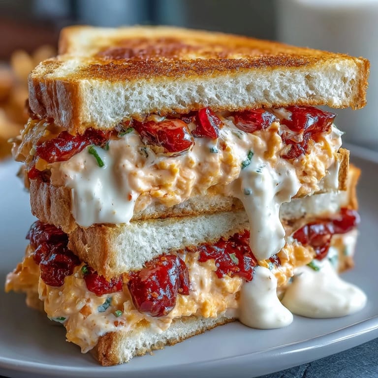 Creamy sharp cheddar pimento cheese spread on soft white bread, cut into elegant finger sandwiches for entertaining.