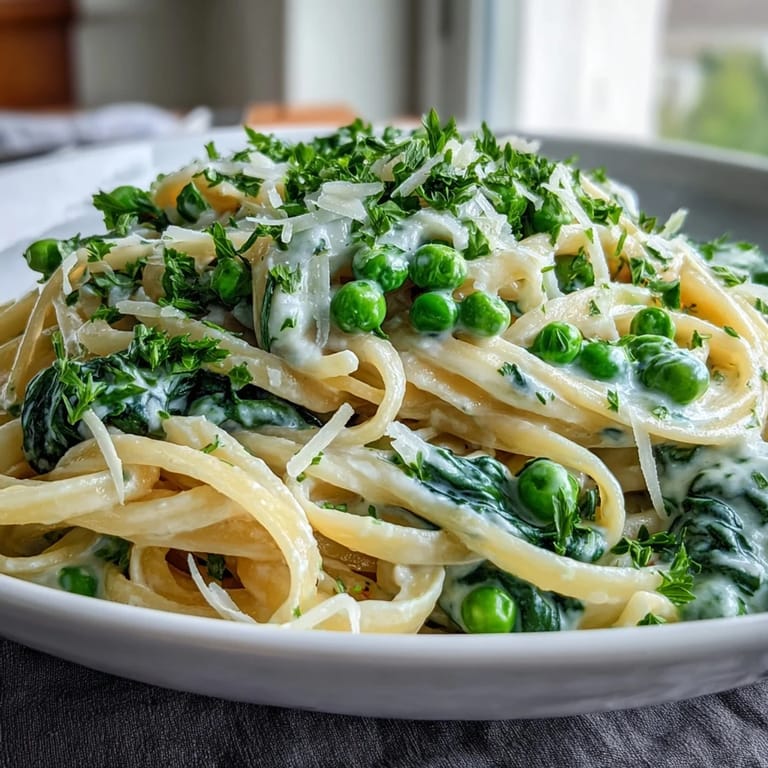 Springtime pasta dish with bright lemon cream sauce, tender green peas, and baby spinach.