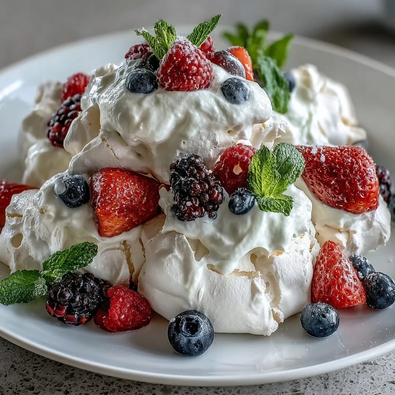 A classic pavlova with a marshmallowy center, crowned with luscious cream and a colorful berry medley.  