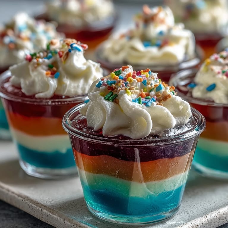 Kid-friendly rainbow Jello cups: bright, fruity gelatin dessert with colorful layers and creamy topping, perfect for parties.