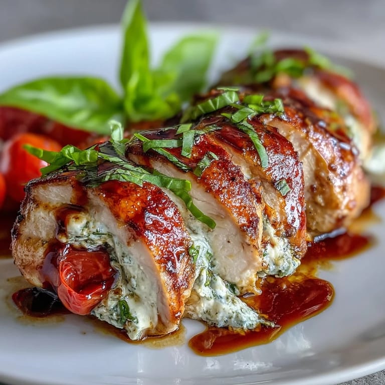 Juicy caprese stuffed chicken breast filled with mozzarella, tomatoes, and basil, finished with a drizzle of balsamic glaze.