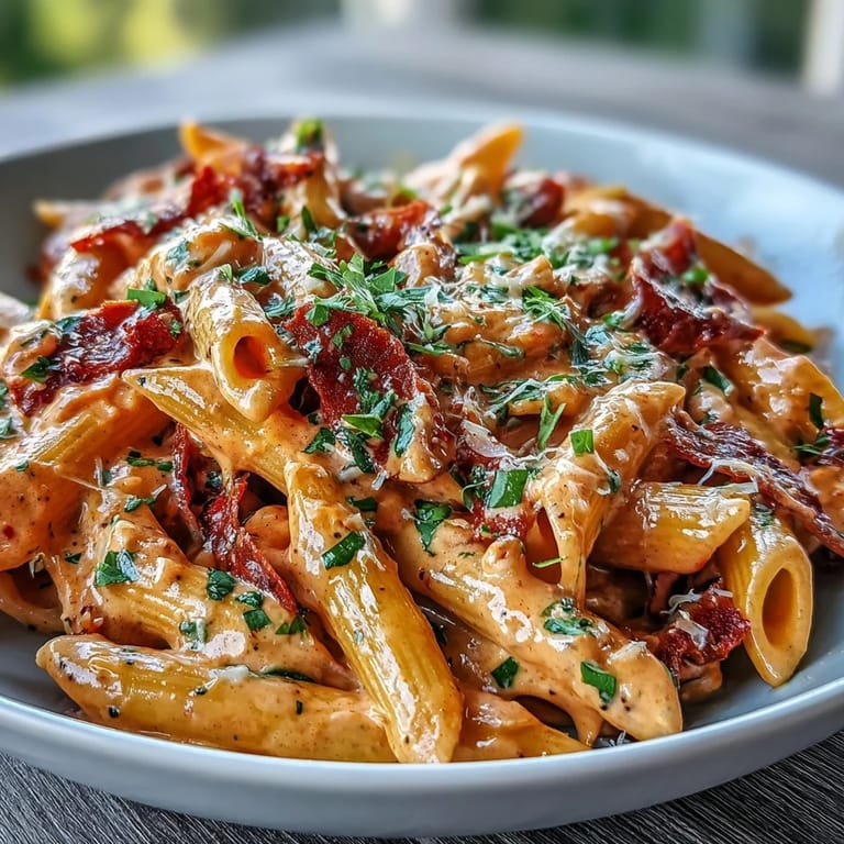 Viral pink sauce pasta served hot, featuring tender penne coated in a tangy tomato cream sauce with a sprinkle of parmesan.