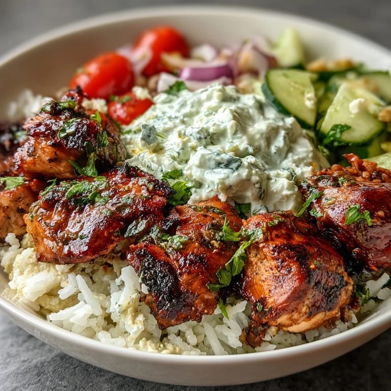Hearty Greek Chicken Bowls topped with olives, feta, and a generous dollop of hummus.
