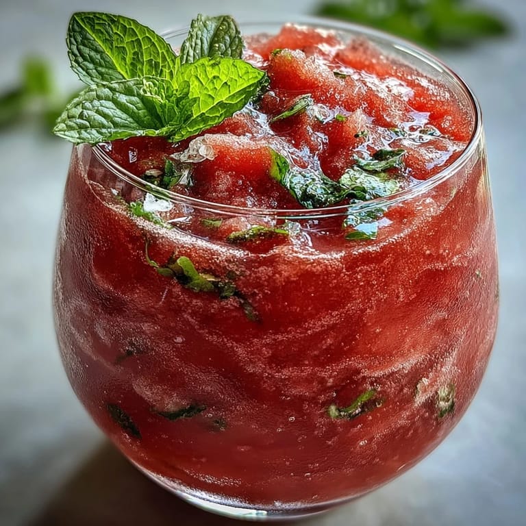 Sip this cool Watermelon Mint Frosé, garnished with fresh mint and lime.