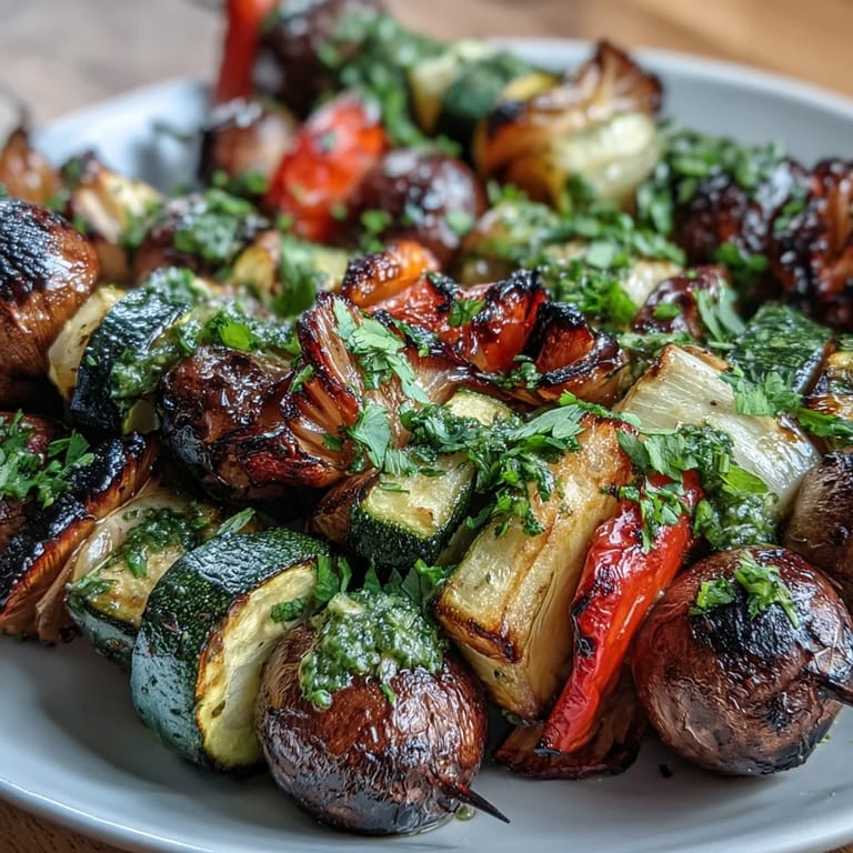 Enjoy these easy grilled veggie kabobs, brushed with fresh, herbaceous chimichurri.