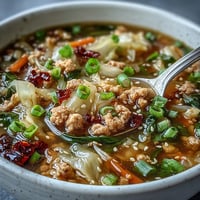 Bowl of Egg Roll Soup with Chicken & Cabbage, topped with chili crisp and green onions in steaming broth.