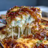 French Onion Chicken Bake with Melted Gruyere, a comforting dish with caramelized onions and bubbling cheese.