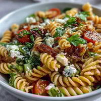 A vibrant pasta salad with crisp cucumbers, juicy cherry tomatoes, and tangy lemon vinaigrette, perfect for summer picnics or light lunches.