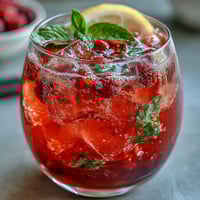 Vibrant raspberry lemon spritz mocktail with fresh berries and lemon slices in sparkling water.  