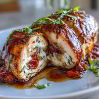 Caprese stuffed chicken breast with melted mozzarella, ripe tomatoes, and fresh basil baked until golden and juicy.  
