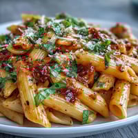 Creamy pink sauce pasta with penne, rich tomato and parmesan in a luscious blush cream sauce, garnished with fresh basil.